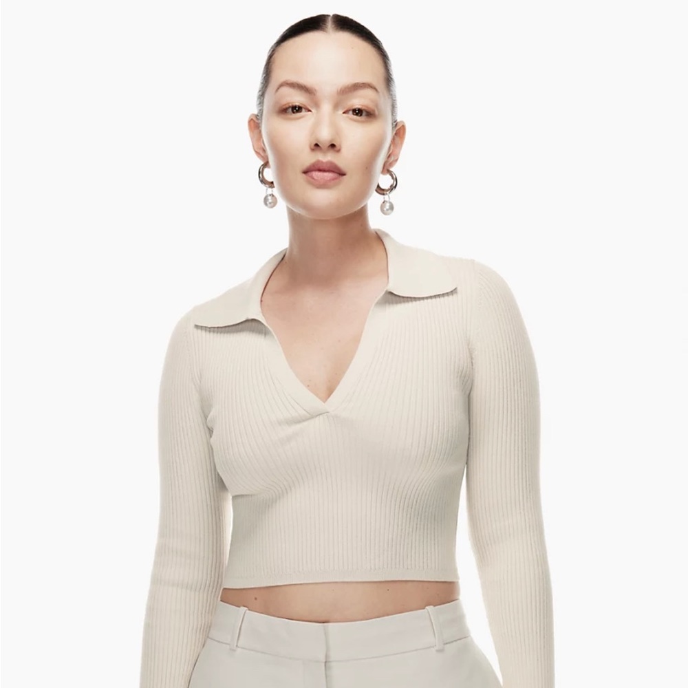 Aritzia Babaton Sculpt Knit Polo Longsleeve Matte Pearl 2XS, NWT